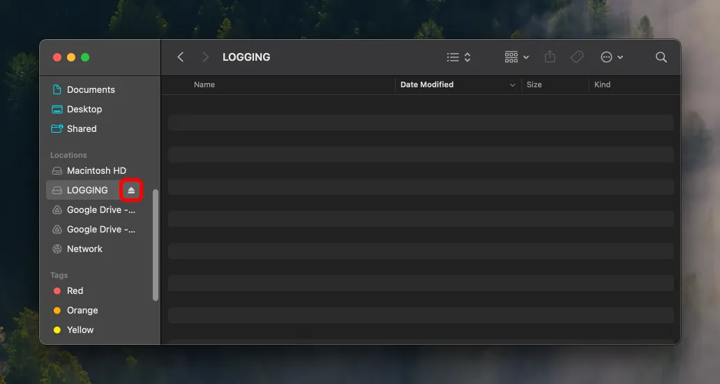 A screenshot from a Finder window, showing a USB drive under the "Locations" tab with the eject button highlighted