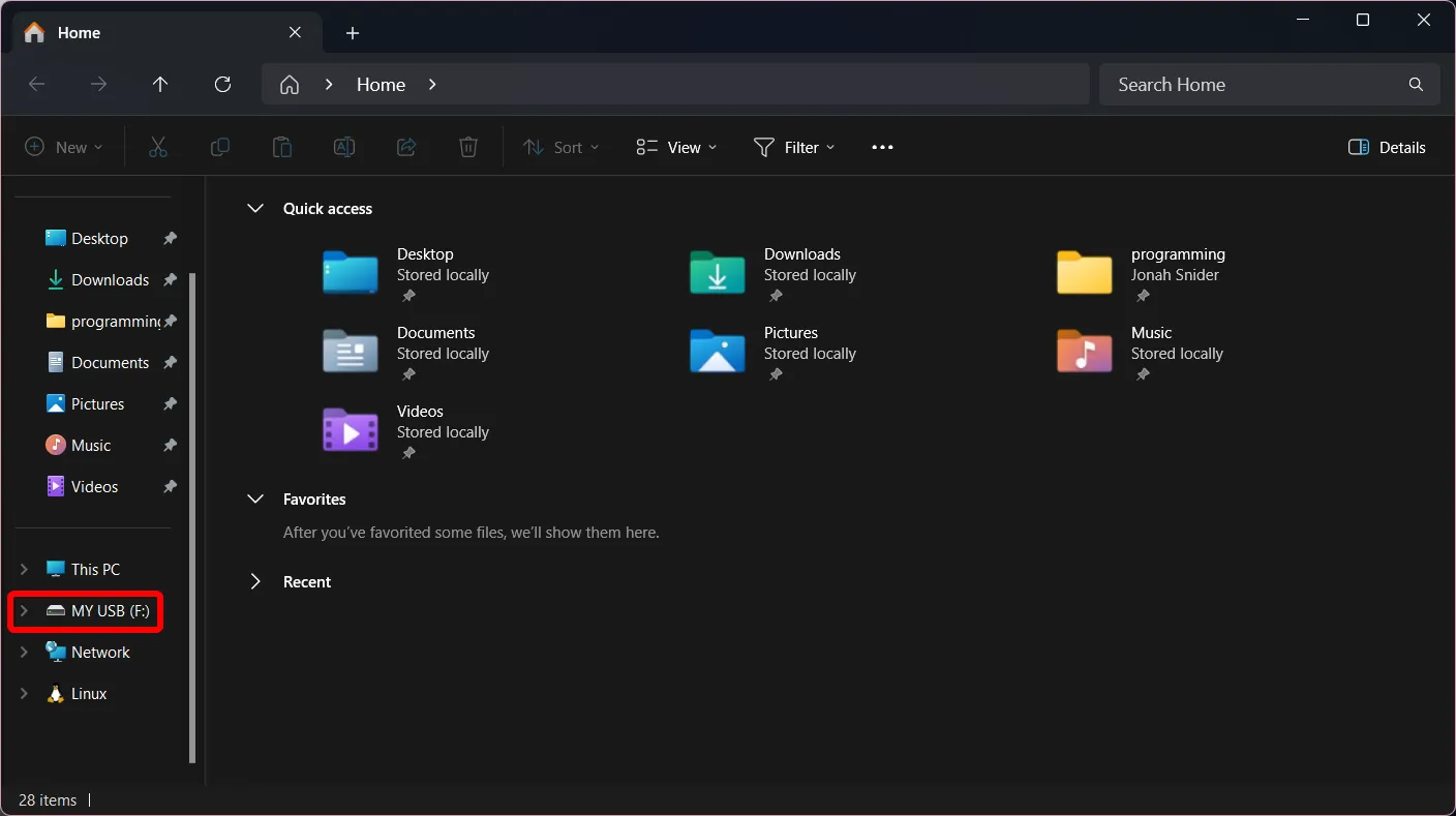 A screenshot of a File Explorer window, with a USB drive in the sidebar highlighted