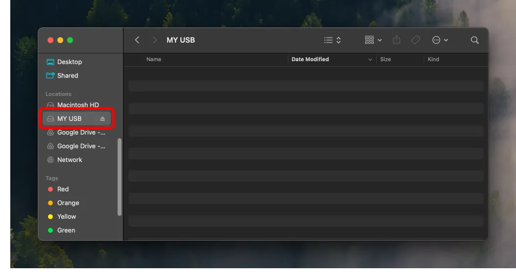 A screenshot of a Finder window, with a USB drive under the "Locations" tab highlighted