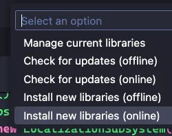 Screenshot of the "Install new libraries (online)" option in the WPILib command palette