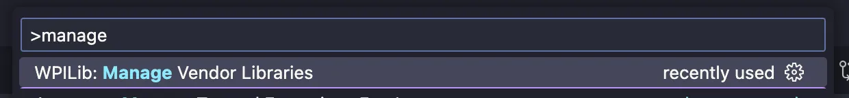 Screenshot of the "Manage Vendor Libraries" option in the WPILib command palette