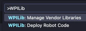 Screenshot of the "Manage Vendor Libraries" option in the WPILib command palette