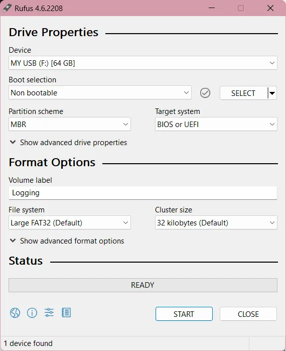 A screenshot of Rufus, showing all the options configured