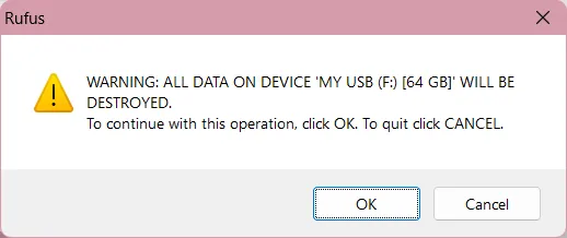 A screenshot of the confirm format dialog in Rufus, with the "OK" button highlighted