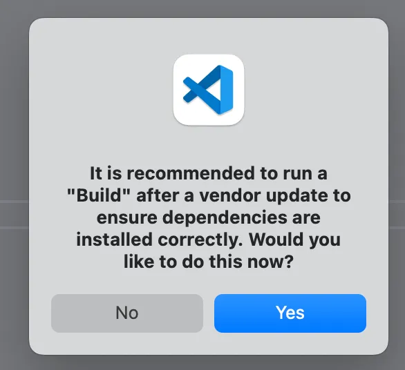 Screenshot of the dialog to run a build after updating vendordeps