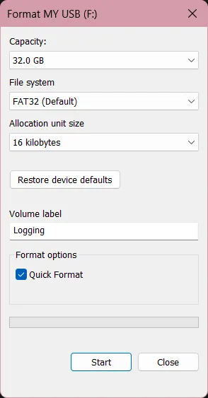 A screenshot of the format window, with the "File system" option set to "FAT32 (Default)" and the "Volume label" set to "Logging"